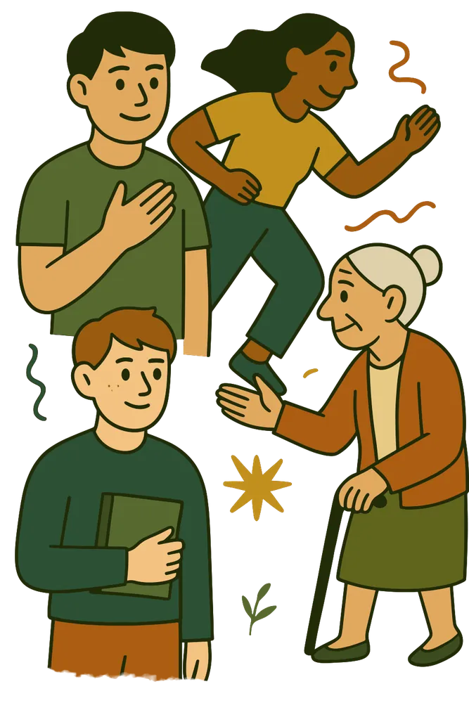Illustration of four people of different ages and backgrounds: a young man with a hand on his heart, a woman running, a student holding a book, and an older woman with a cane reaching out her hand.