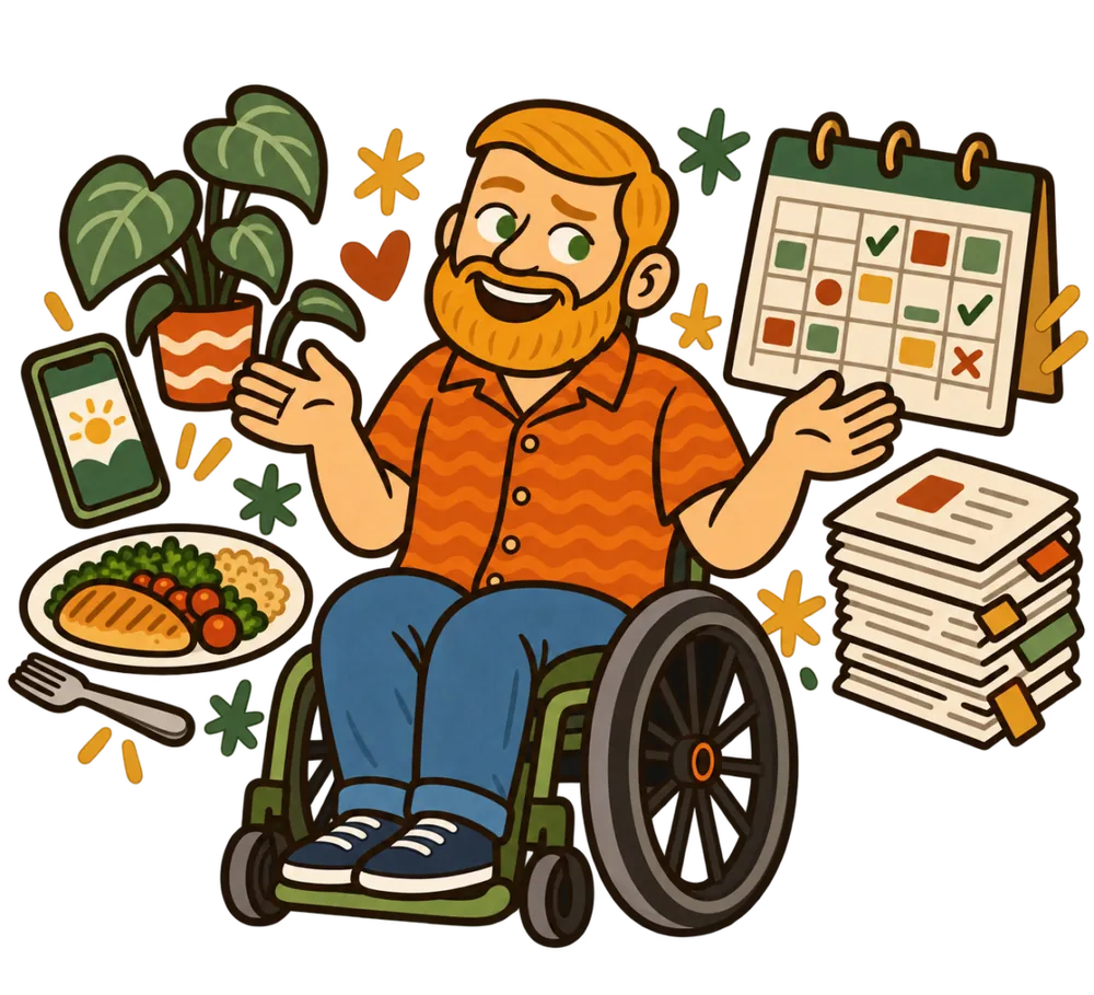 Cartoon of James in his wheelchair, shrugging happily between everyday life and a pile of forms and appointments