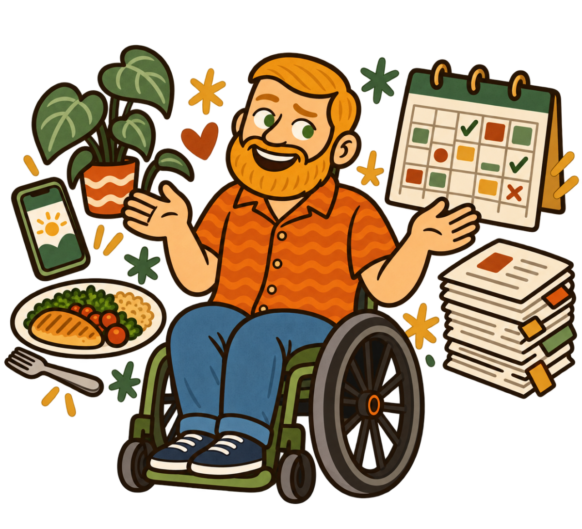 Cartoon of James in his wheelchair, shrugging happily between everyday life and a pile of forms and appointments
