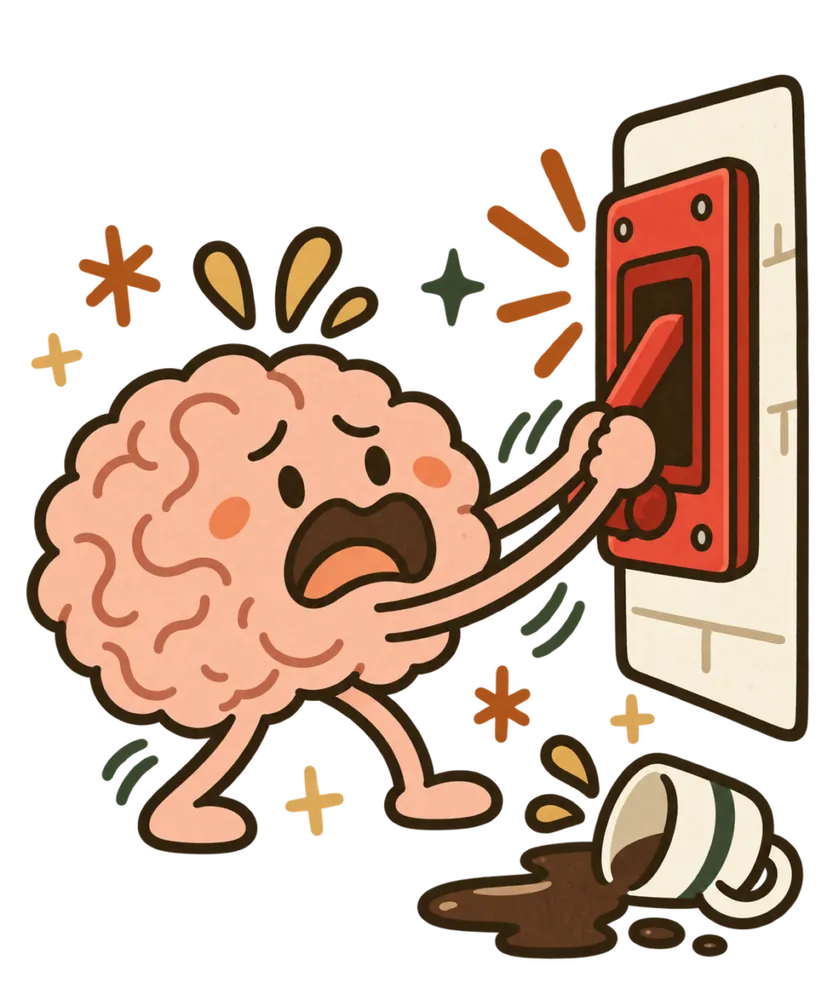 Cartoon brain frantically pulling a fire alarm over a small spilled cup of coffee