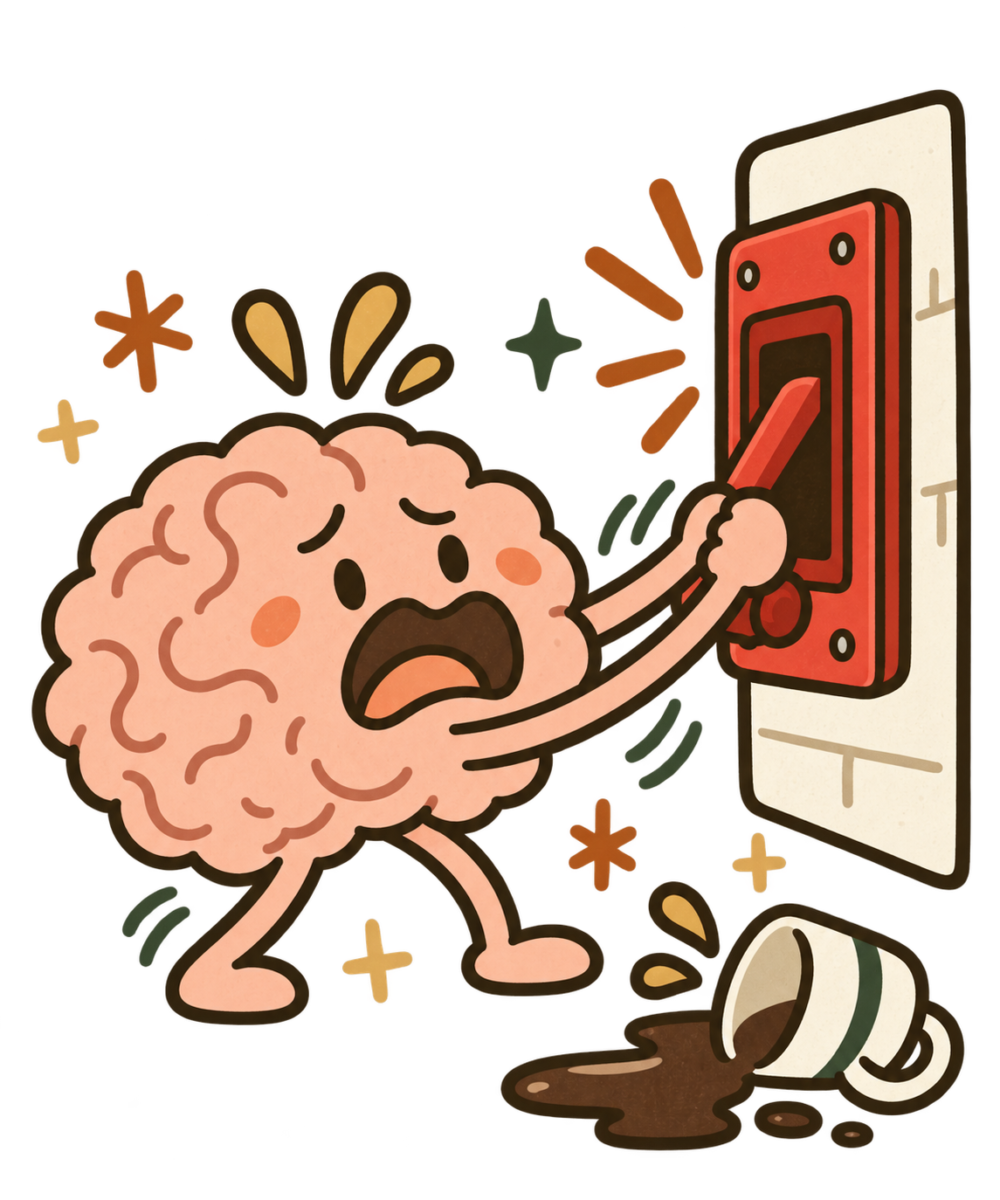 Cartoon brain frantically pulling a fire alarm over a small spilled cup of coffee
