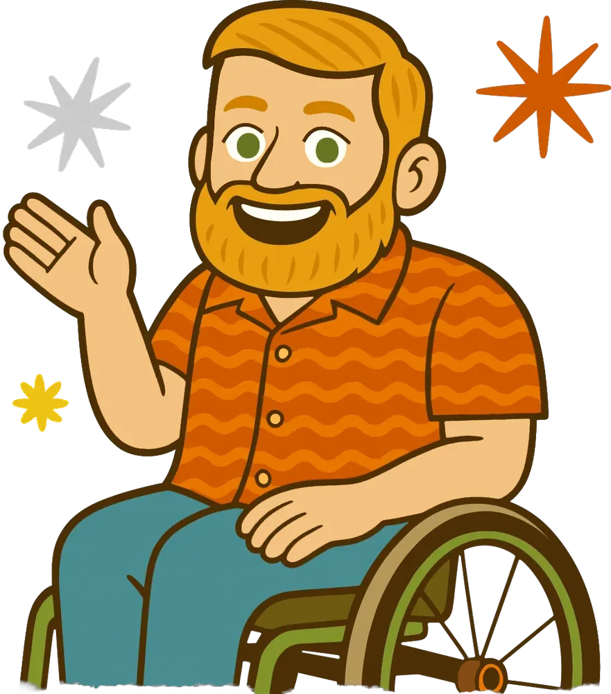 Cartoon of Jimmy, a bearded man in an orange patterned shirt, waving and smiling from his wheelchair.