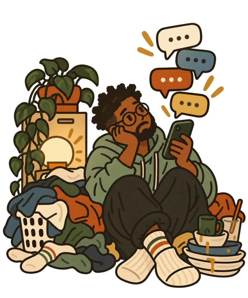 Man sitting on the floor among laundry and dishes, looking at his phone as unread messages pile up