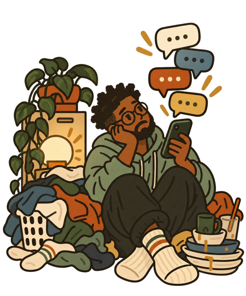 Man sitting on the floor among laundry and dishes, looking at his phone as unread messages pile up