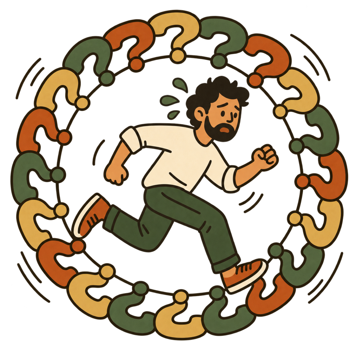 Man running inside a wheel made of question marks, getting nowhere