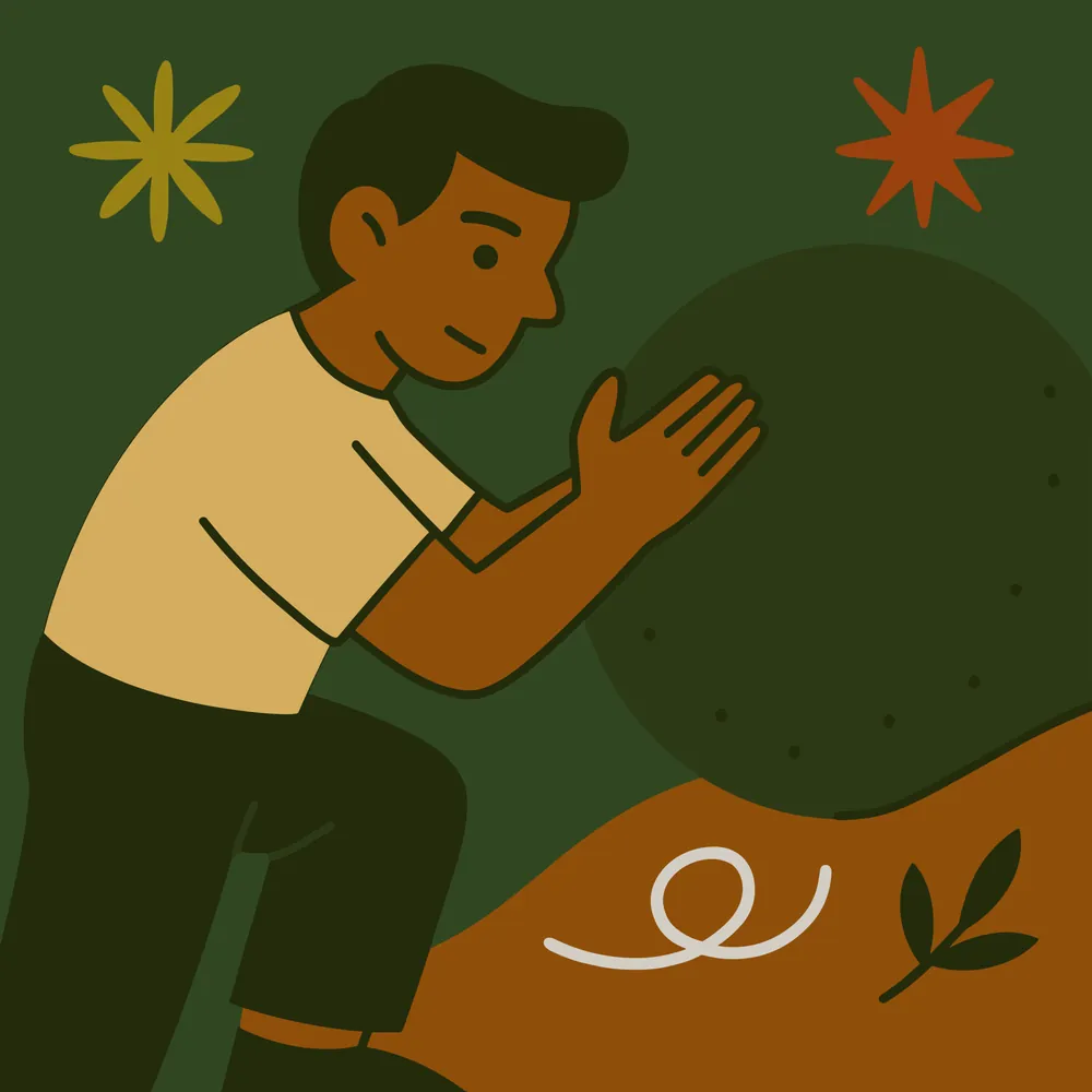 Illustration of a person pushing a large boulder uphill.