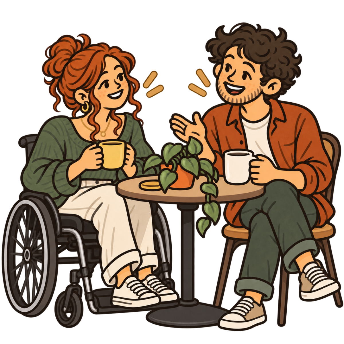 Two friends laughing over coffee at a cafe table, one of them using a wheelchair