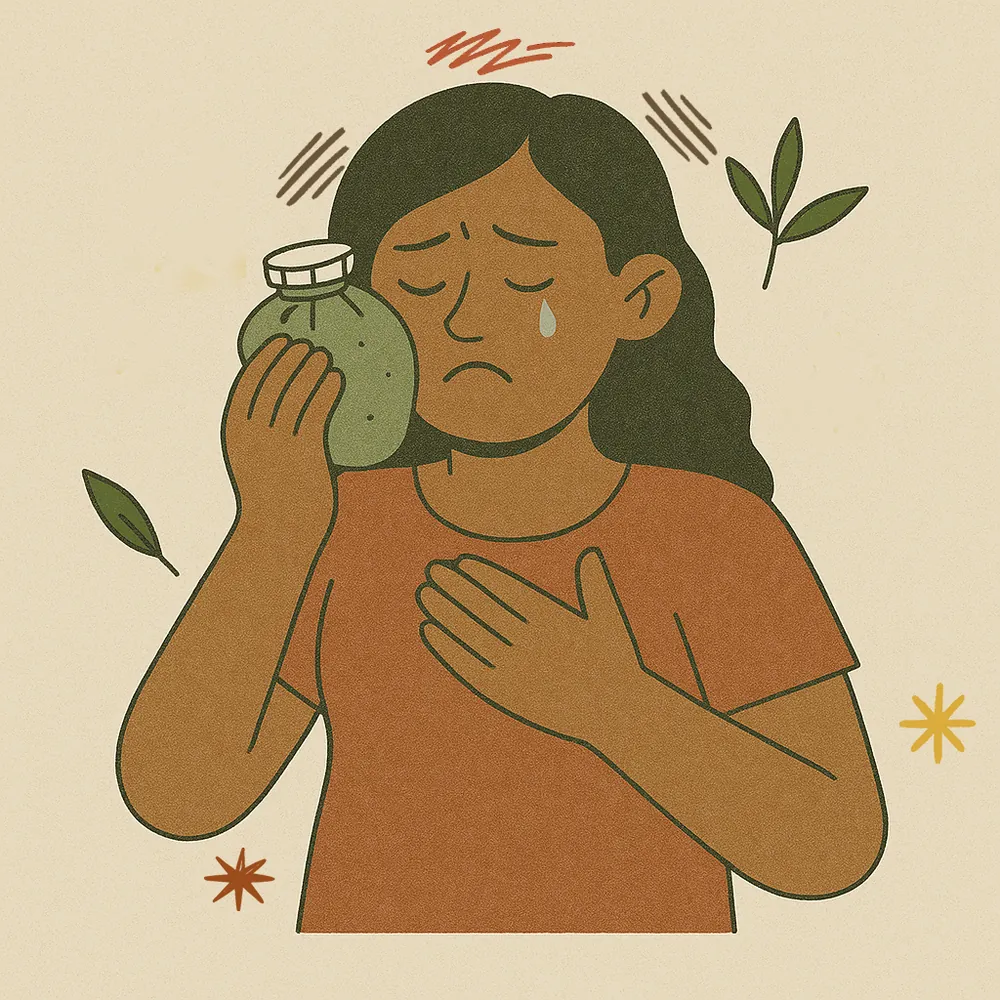 Illustration of a tearful person holding a cold pack to their cheek with a hand on their chest.