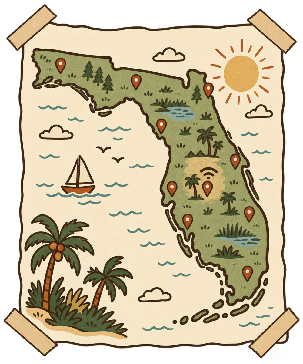 Hand-drawn map of Florida with pins across the state, including one in a rural spot with WiFi