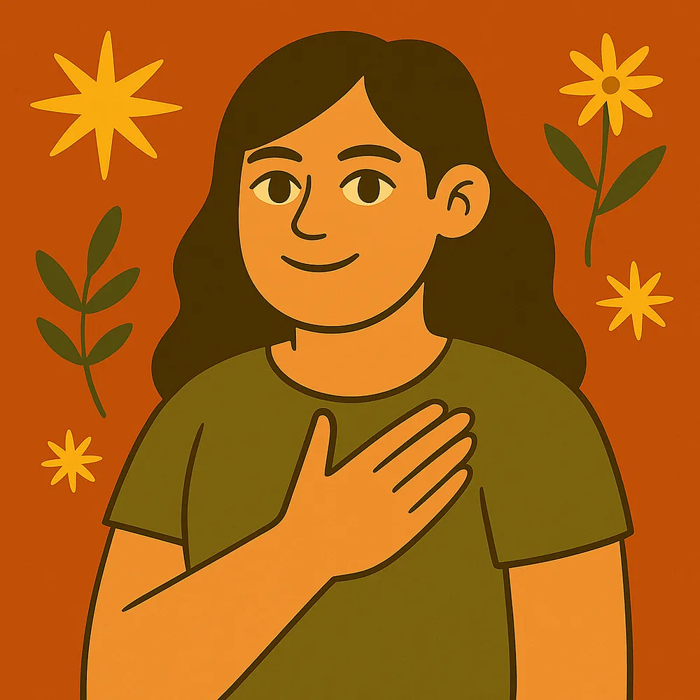 Illustration of a smiling person with a hand over their heart, surrounded by flowers.
