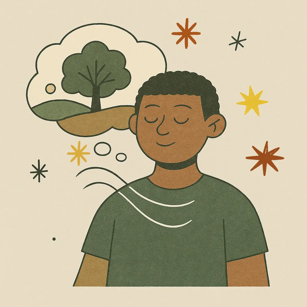 Illustration of a person with eyes closed, breathing calmly and picturing a tree on a hill.