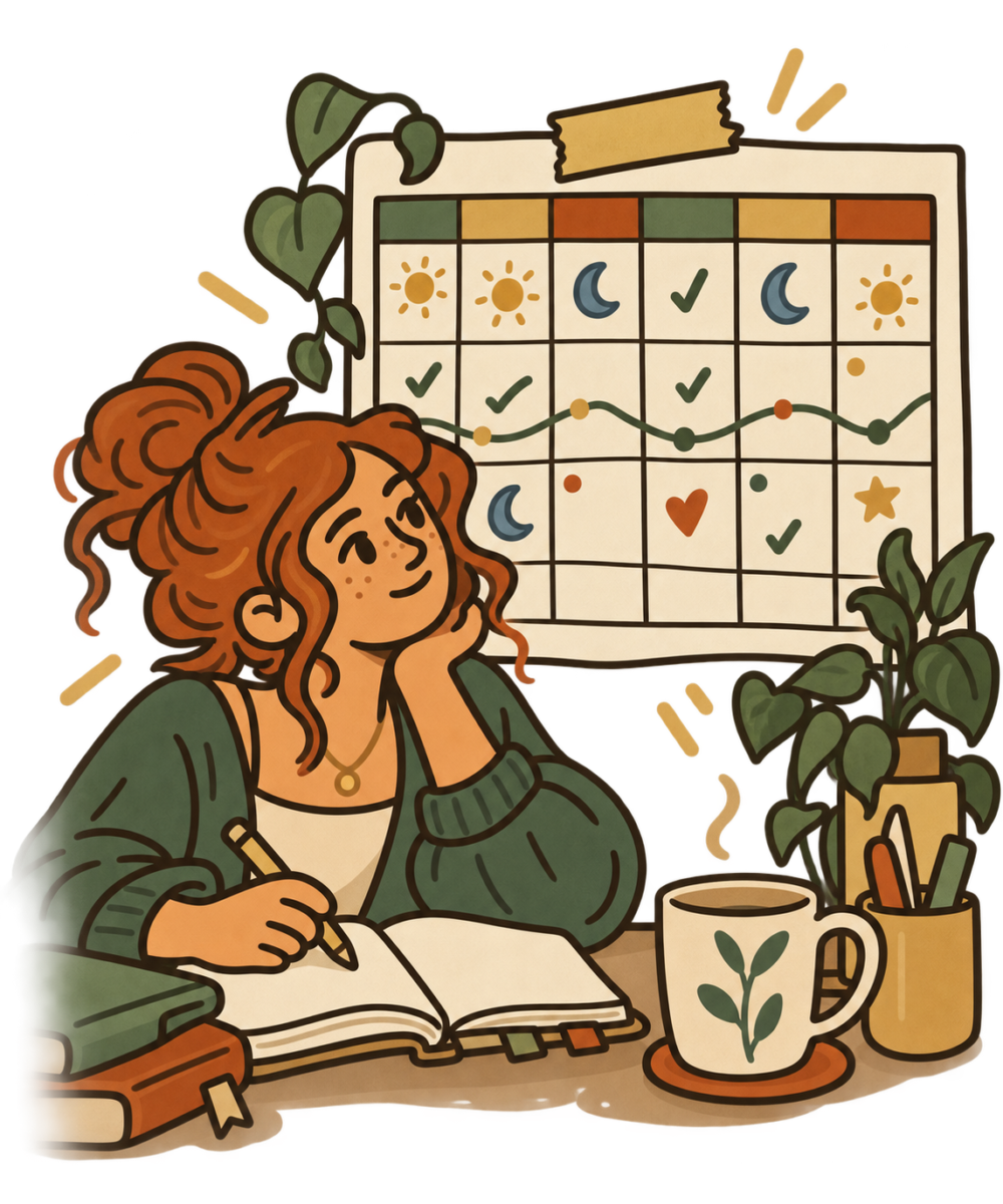 Woman journaling below a wall calendar marked with suns, moons, and check marks