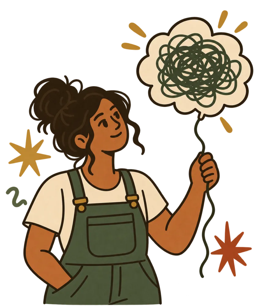 Woman calmly holding a tangled, scribbly thought on a string like a balloon