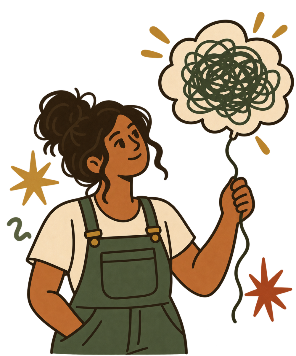Woman calmly holding a tangled, scribbly thought on a string like a balloon
