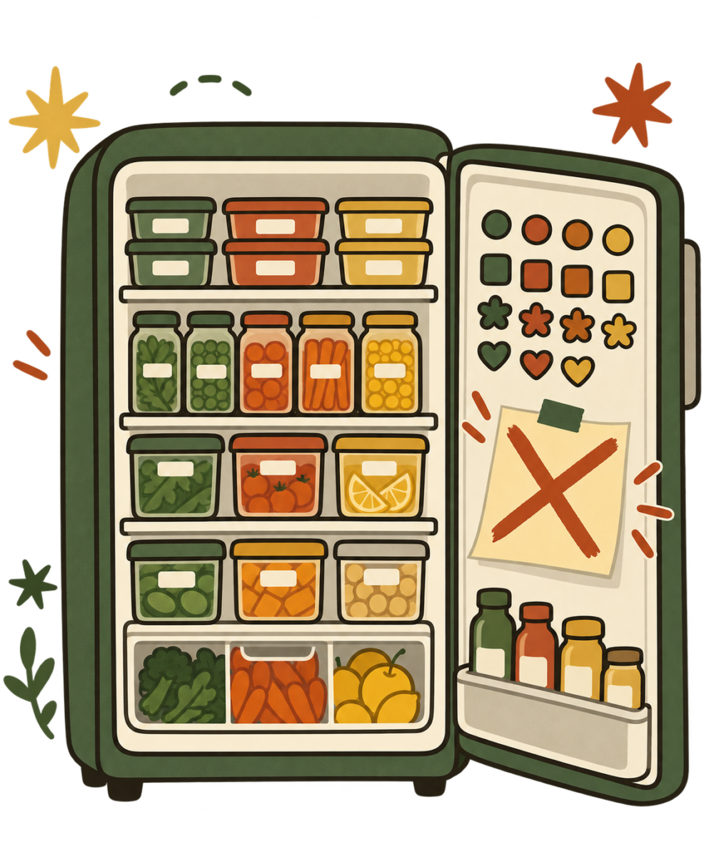 Open fridge with perfectly color-coded containers and a sticky note on the door crossed out with a big X