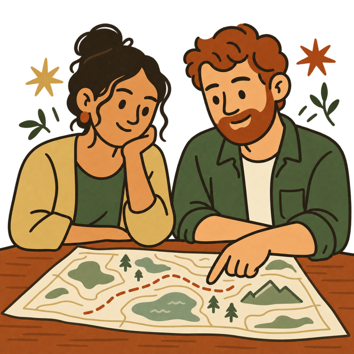 Two people sitting side by side, looking at a map together as one points to a path