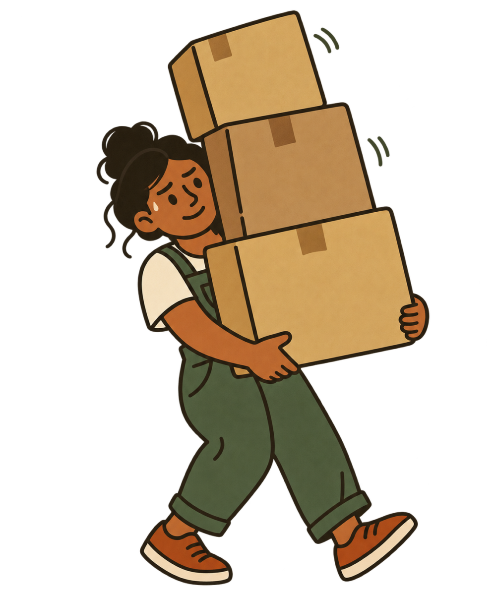 Woman carrying a tall, wobbly stack of moving boxes