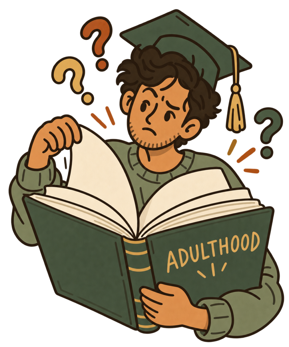Graduate flipping through a book titled Adulthood and finding every page blank