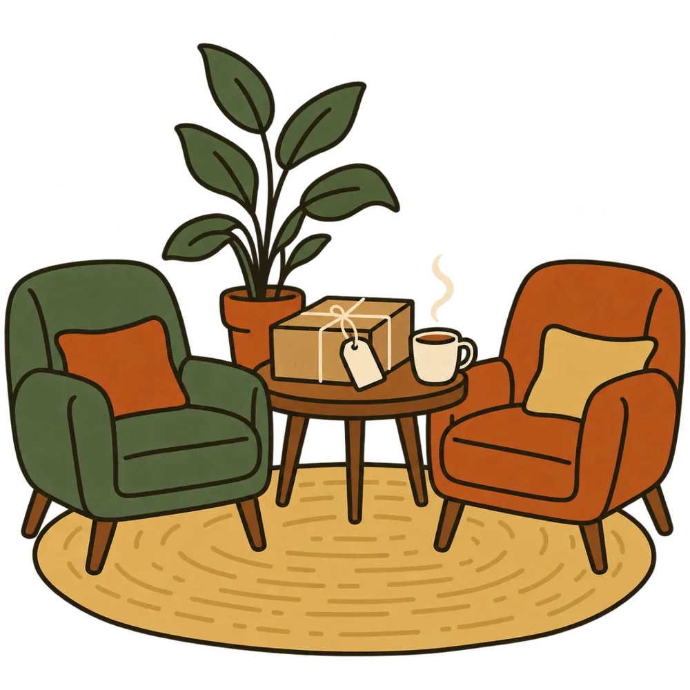 Two armchairs around a small table with a closed, tied box and a cup of tea