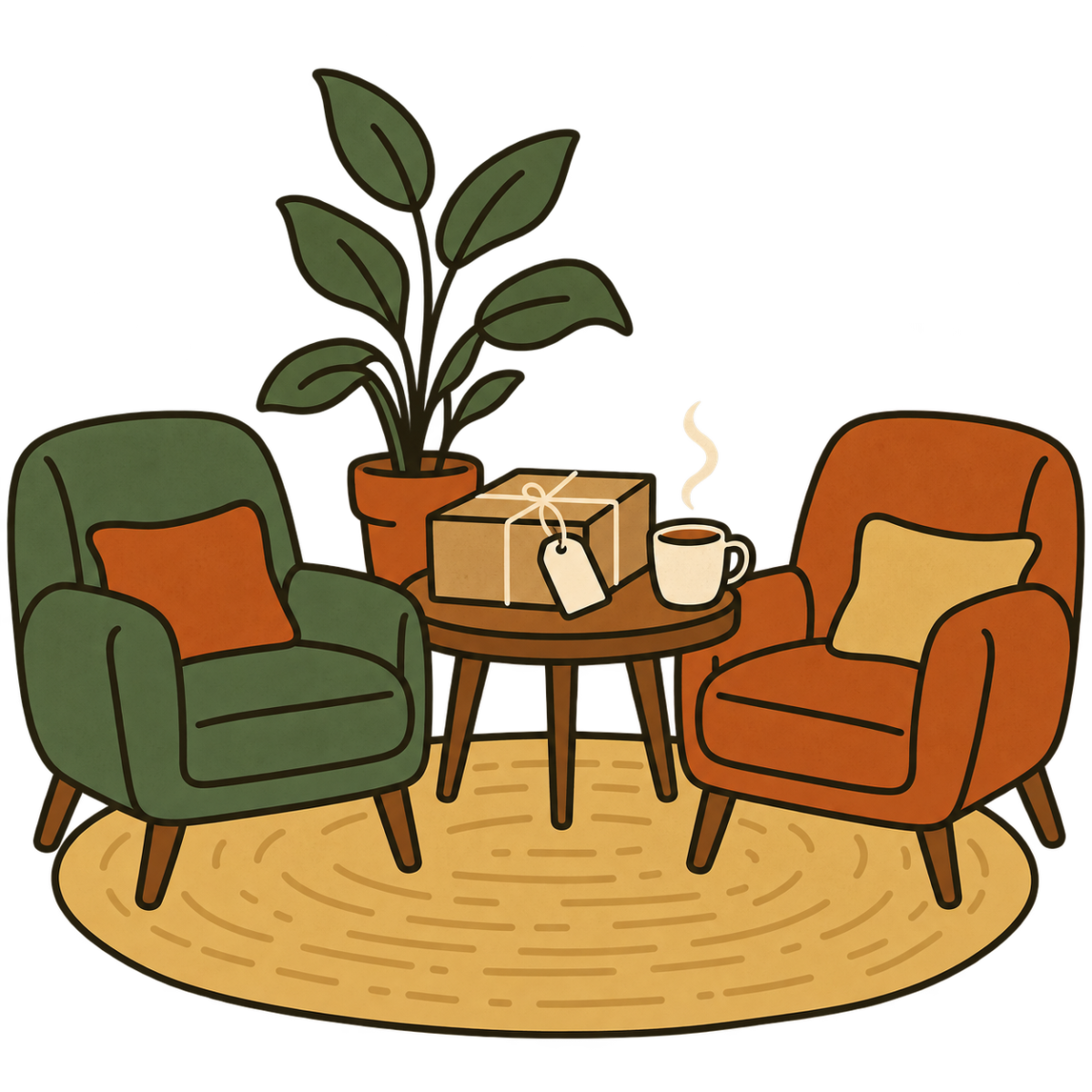 Two armchairs around a small table with a closed, tied box and a cup of tea