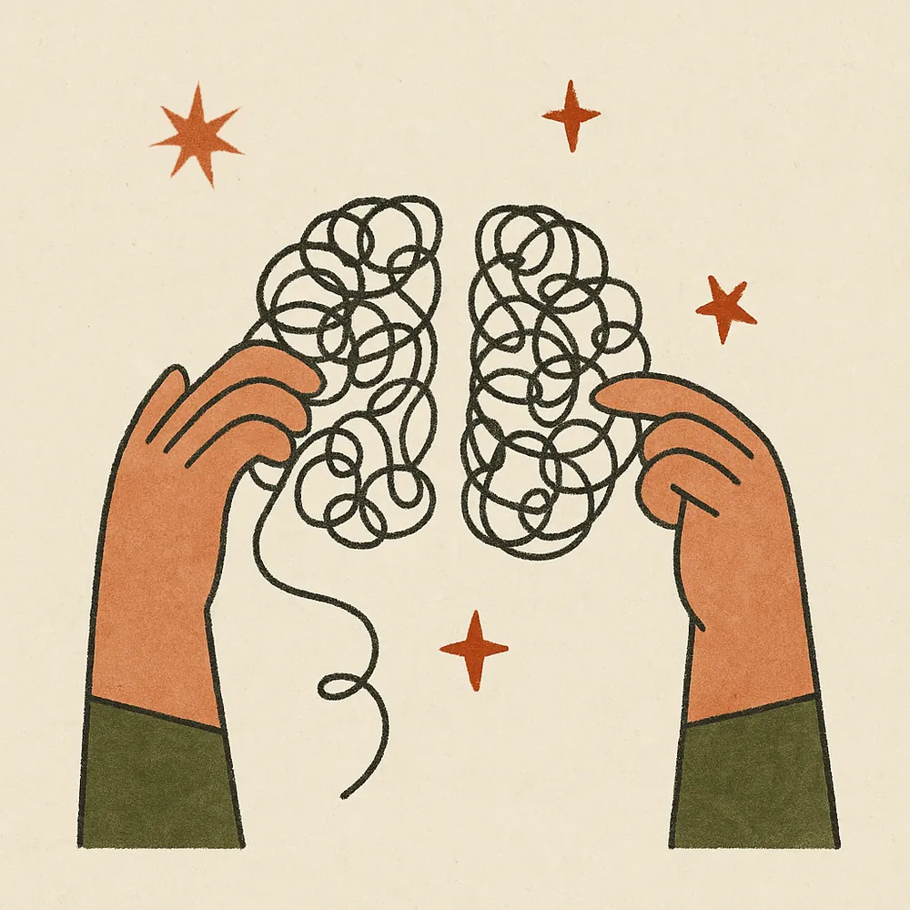 Illustration of two hands untangling a scribbled knot shaped like a brain.