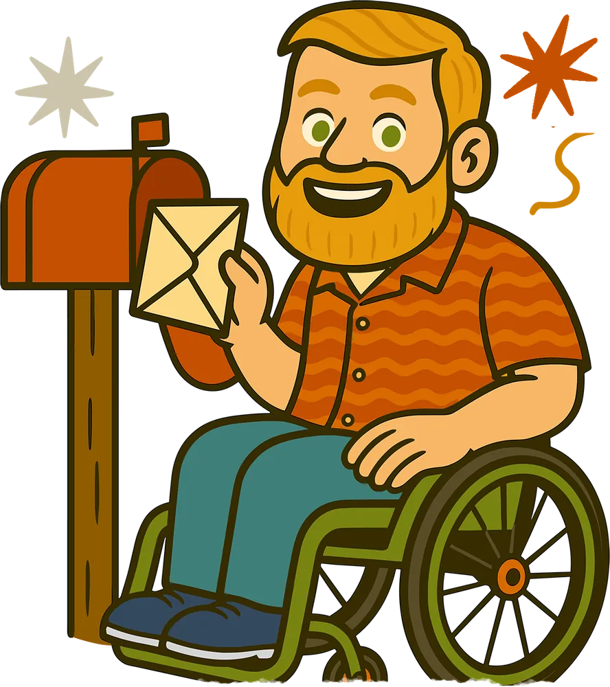 Cartoon of Jimmy in his wheelchair, smiling and holding an envelope beside a mailbox.