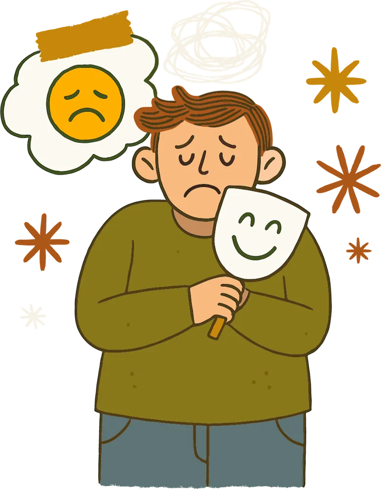 Illustration of a person with a sad face holding up a smiling mask, with a frowning thought bubble overhead.