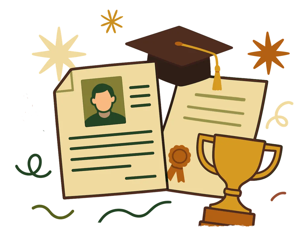 Illustration of a resume, a diploma topped with a graduation cap, and a trophy.