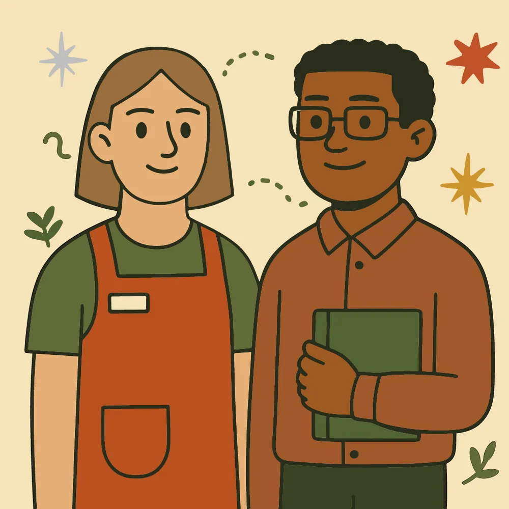 Illustration of two smiling people side by side, a woman in a work apron and a man in glasses holding a book.